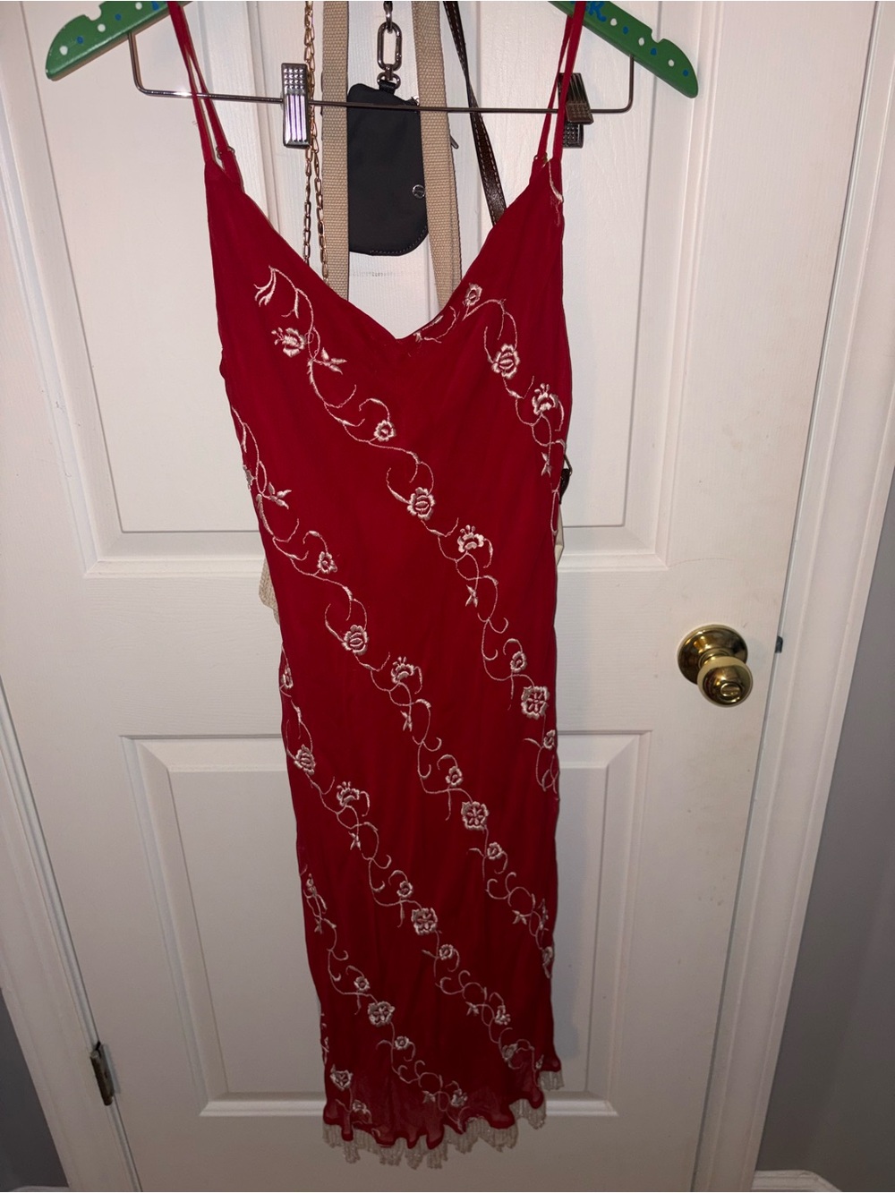 Red Spaghetti-Strap Embroidered Slip Dress